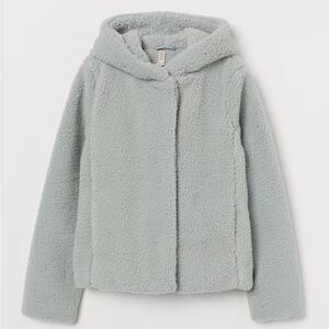 Hooded Faux Shearling Jacket. Size M. Color dusky greenish grey. Like new.